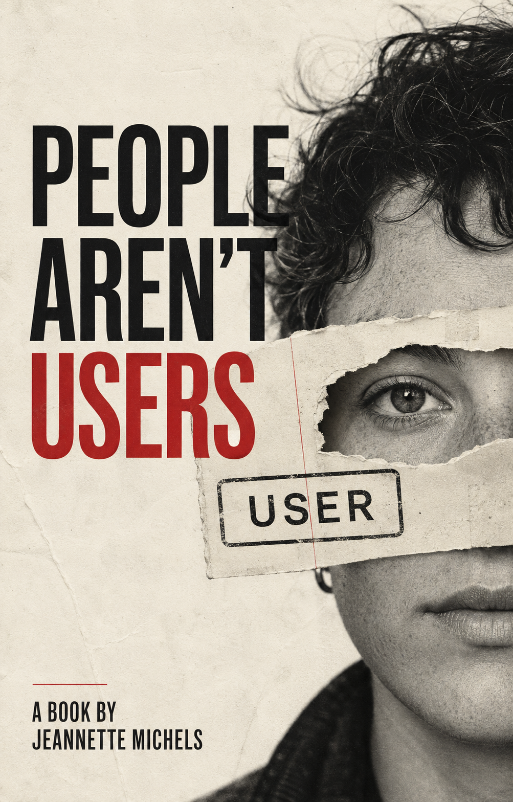 A torn-paper portrait revealing a person's eye beneath the label user